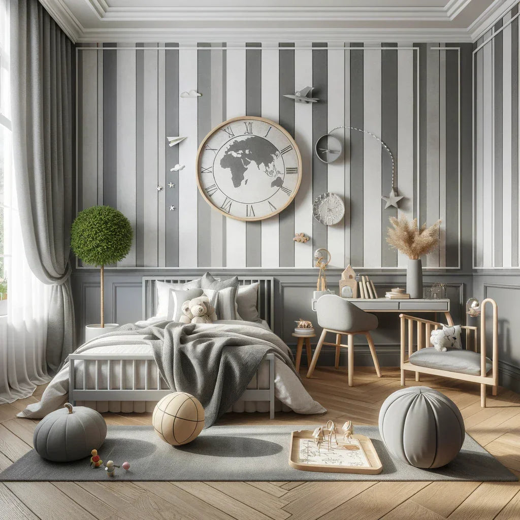 Papel de Parede Riscas Cinza: Elegância e Versatilidade no Quarto das Crianças