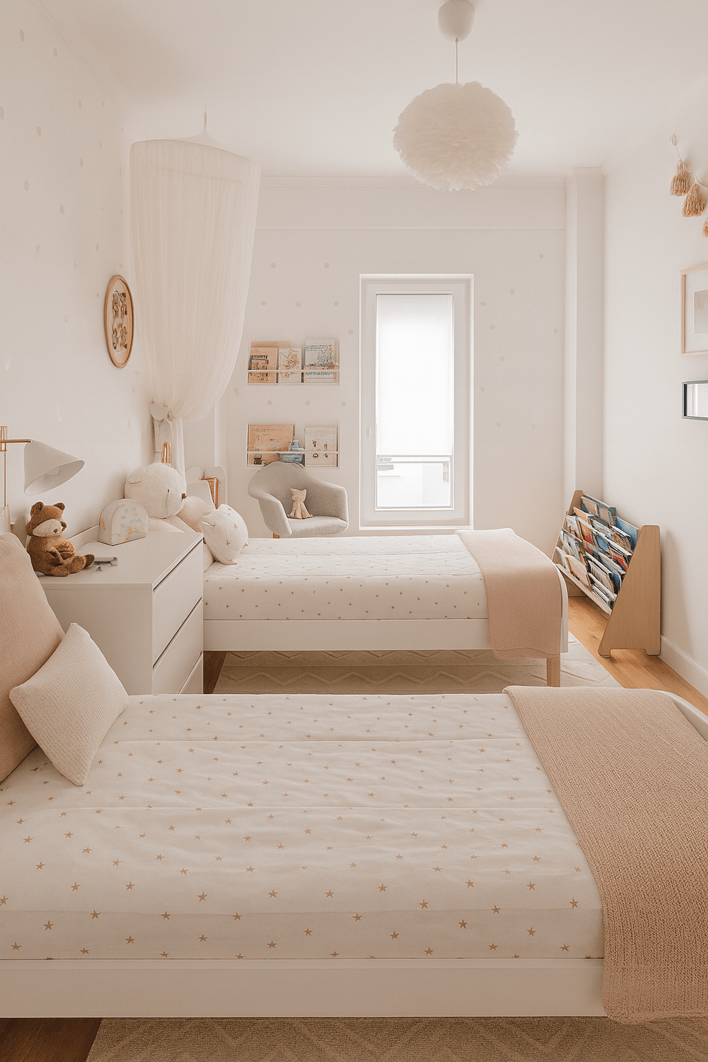 Quarto de menina projetado pela This Little Room, em tons rosa e madeira natural