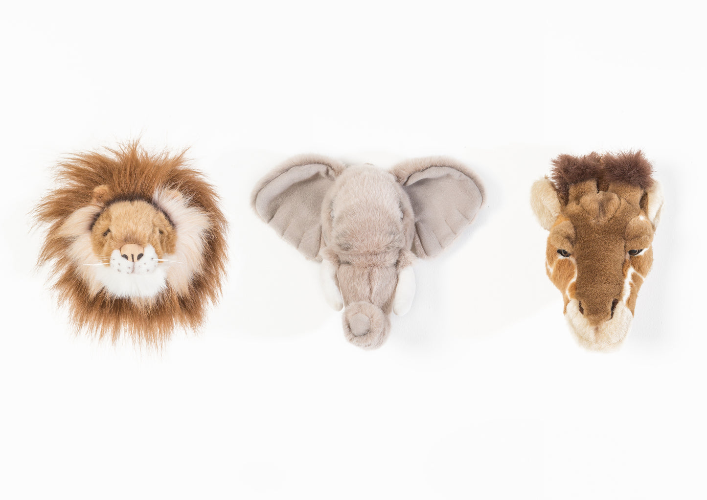 Caixa Safari: Conjunto De 3 Cabeças Pequenas De Peluche (Elefante, Leão, Girafa) - This Little Room