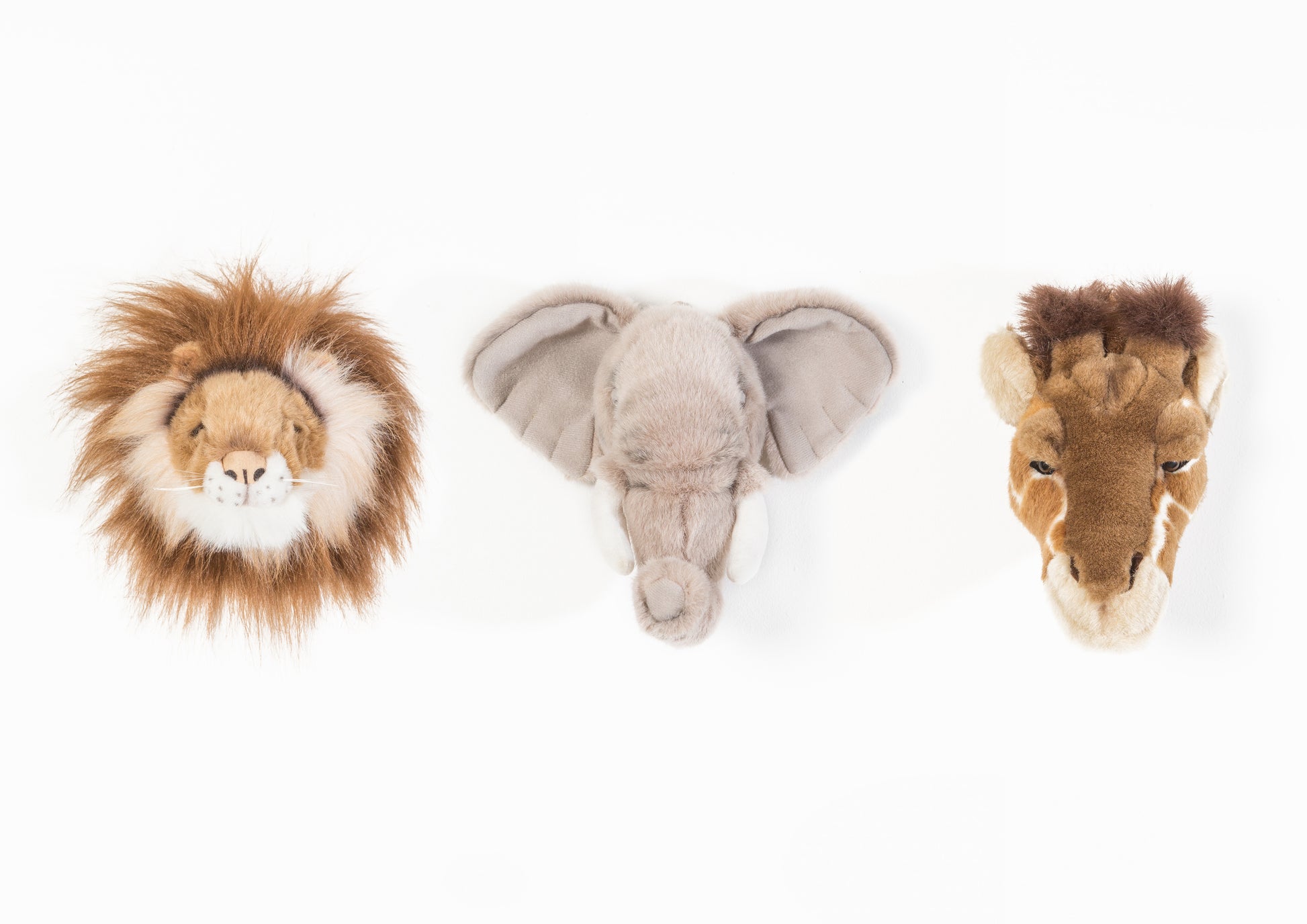 Caixa Safari: Conjunto De 3 Cabeças Pequenas De Peluche (Elefante, Leão, Girafa) - This Little Room