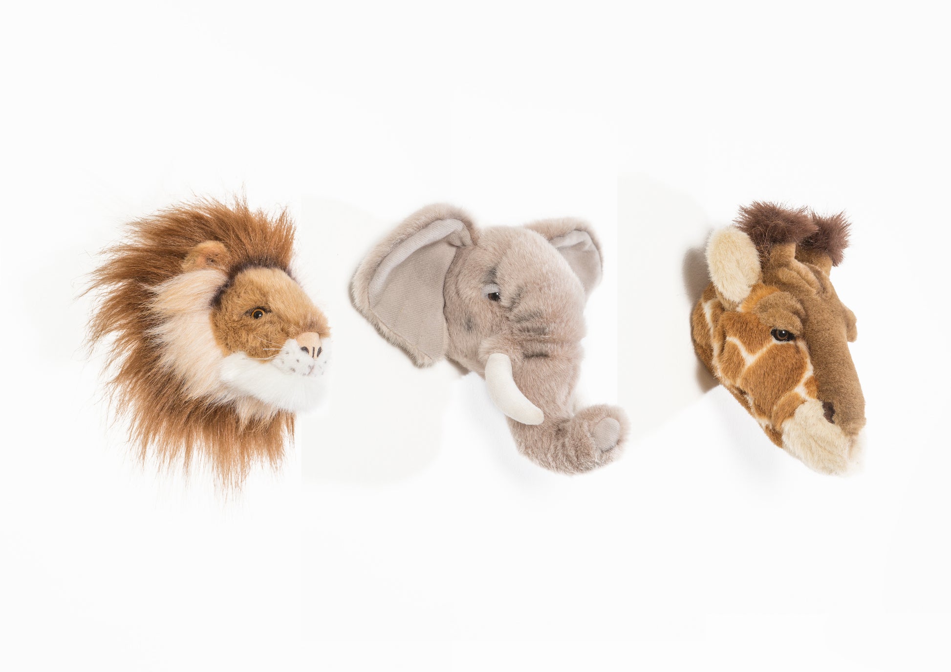 Caixa Safari: Conjunto De 3 Cabeças Pequenas De Peluche (Elefante, Leão, Girafa) - This Little Room