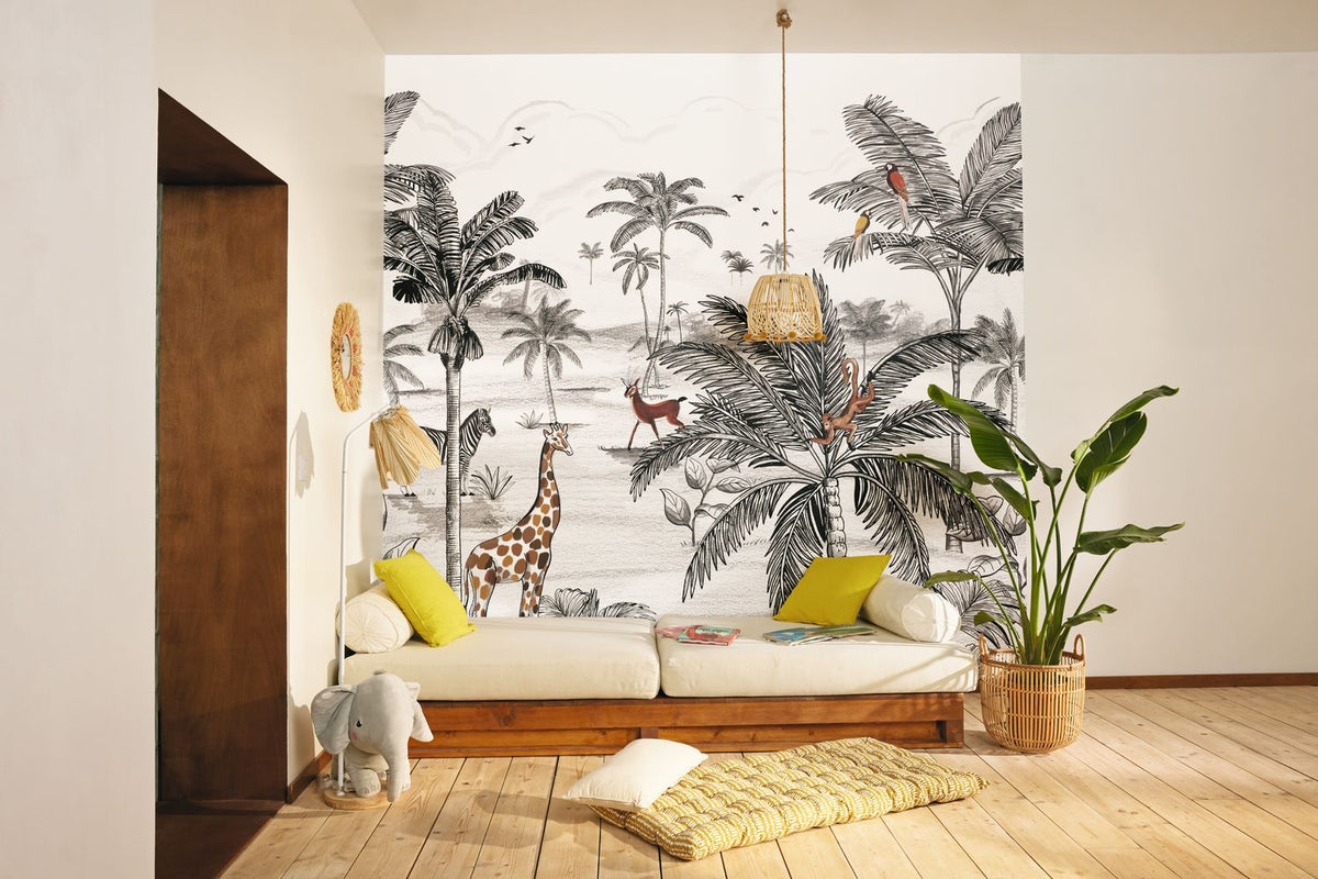 O Mundo da Selva aplicado numa parede de quarto infantil