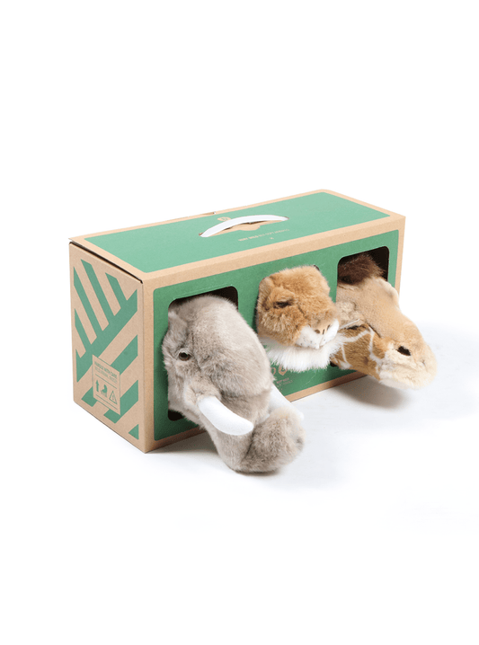 Caixa Safari: Conjunto De 3 Cabeças Pequenas De Peluche (Elefante, Leão, Girafa) - This Little Room